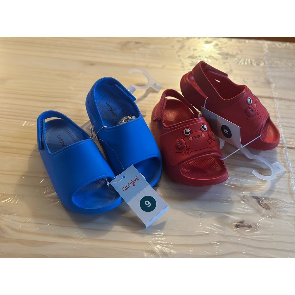Cat & Jack Toddler Slide Sandals Bundle Blue and Red Crab Size 9 NWT
